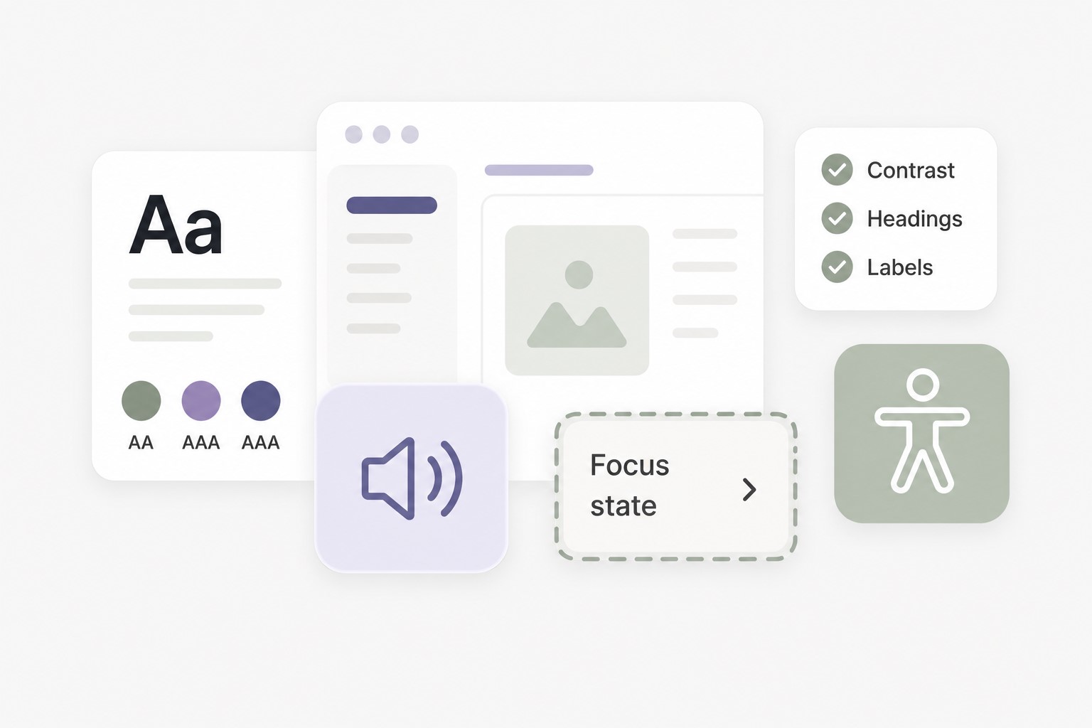 Illustration of an interface audit with typography, UI panels and an accessibility checklist.