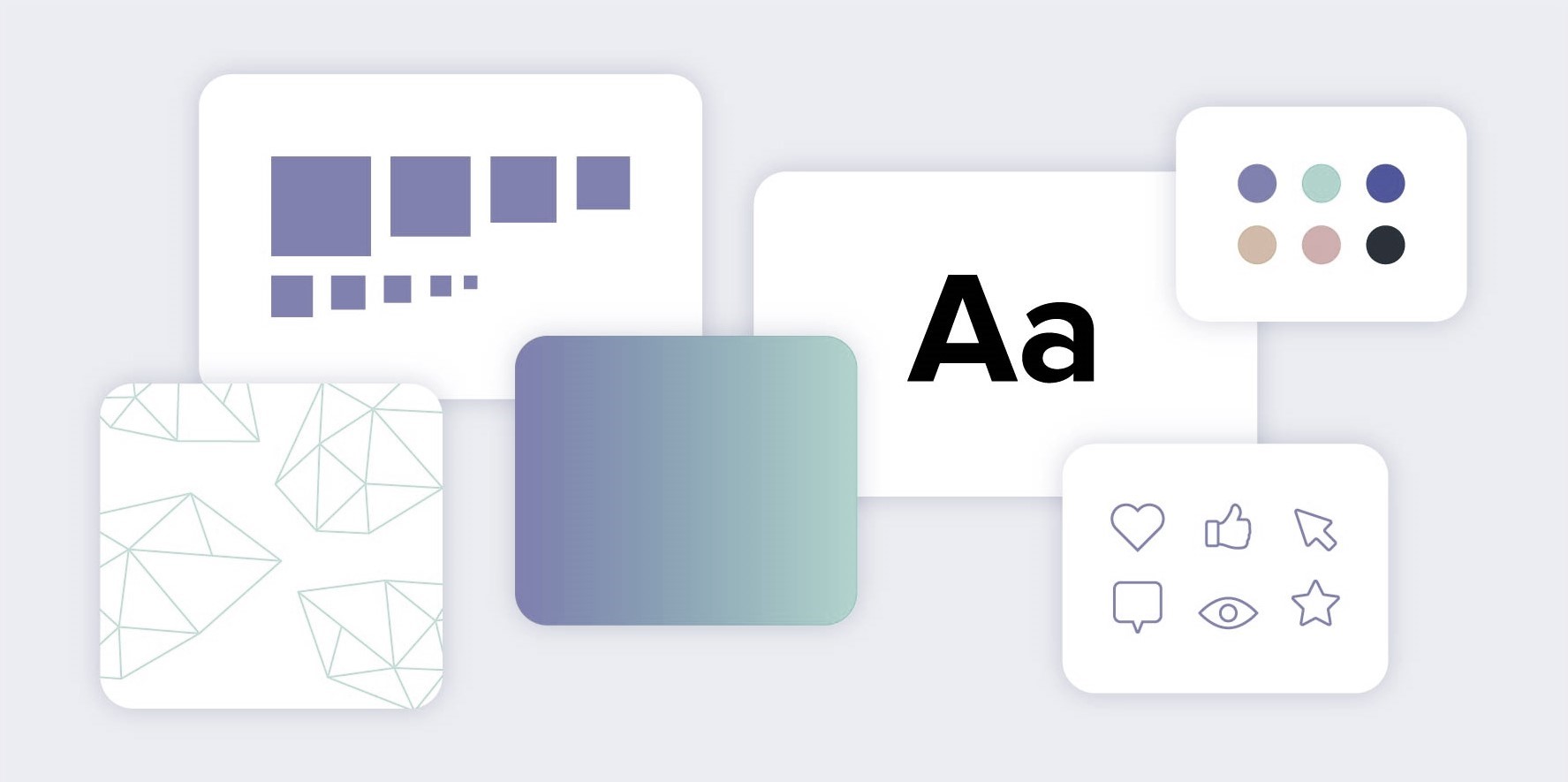 Illustration of a design system with typography, colour swatches and reusable interface components.
