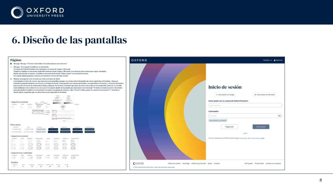 Screen design slide showing the page inventory next to the redesigned login screen