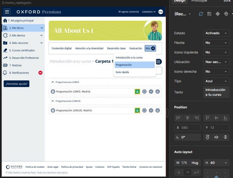 Component specification in Figma laid over the live interface, showing state, icon, position and auto layout properties