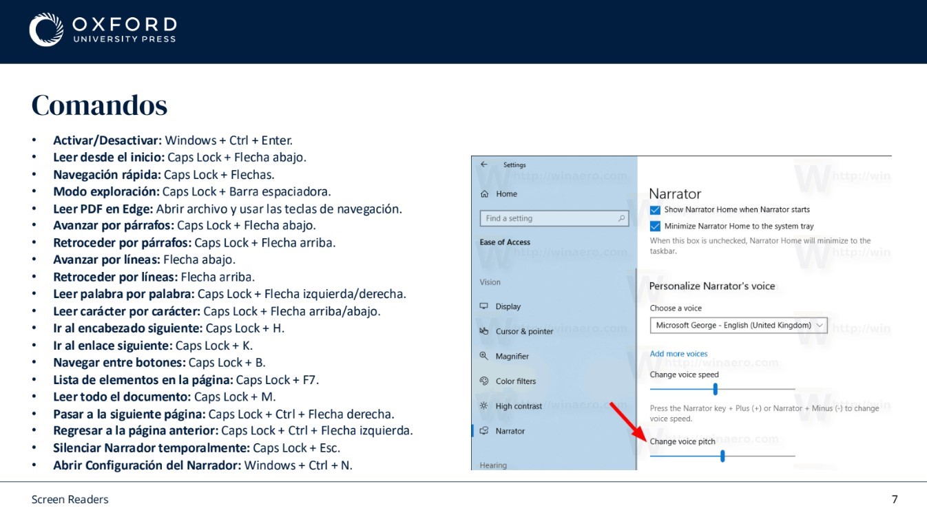 Screen reader command reference with the keyboard shortcuts for moving through headings, links, forms and tables, next to the Narrator settings panel