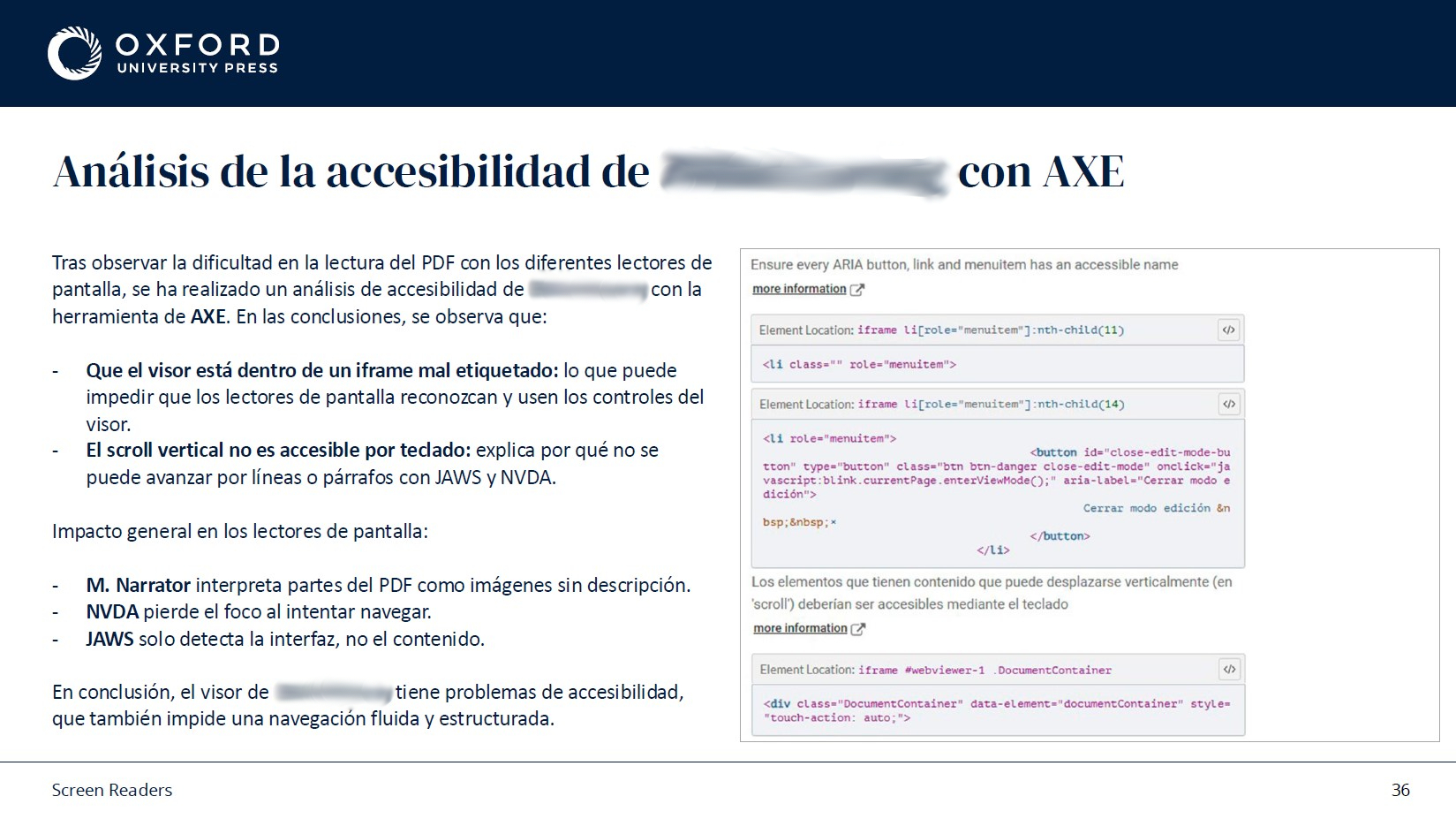 AXE analysis of the PDF viewer showing the underlying code for each issue and conclusions on how Narrator, NVDA and JAWS each behaved