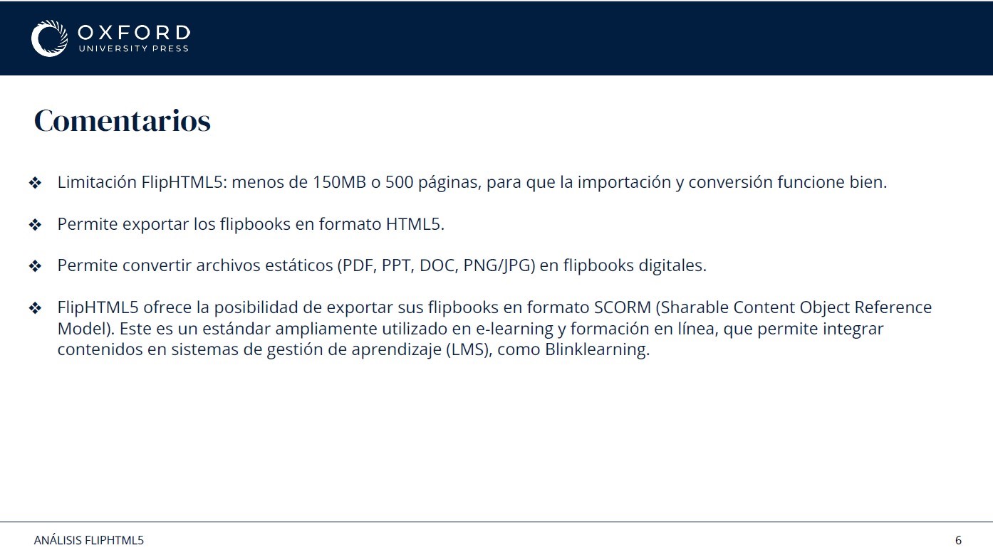 Evaluation of FlipHTML5 covering its size and page limits, export formats and SCORM support for learning platforms