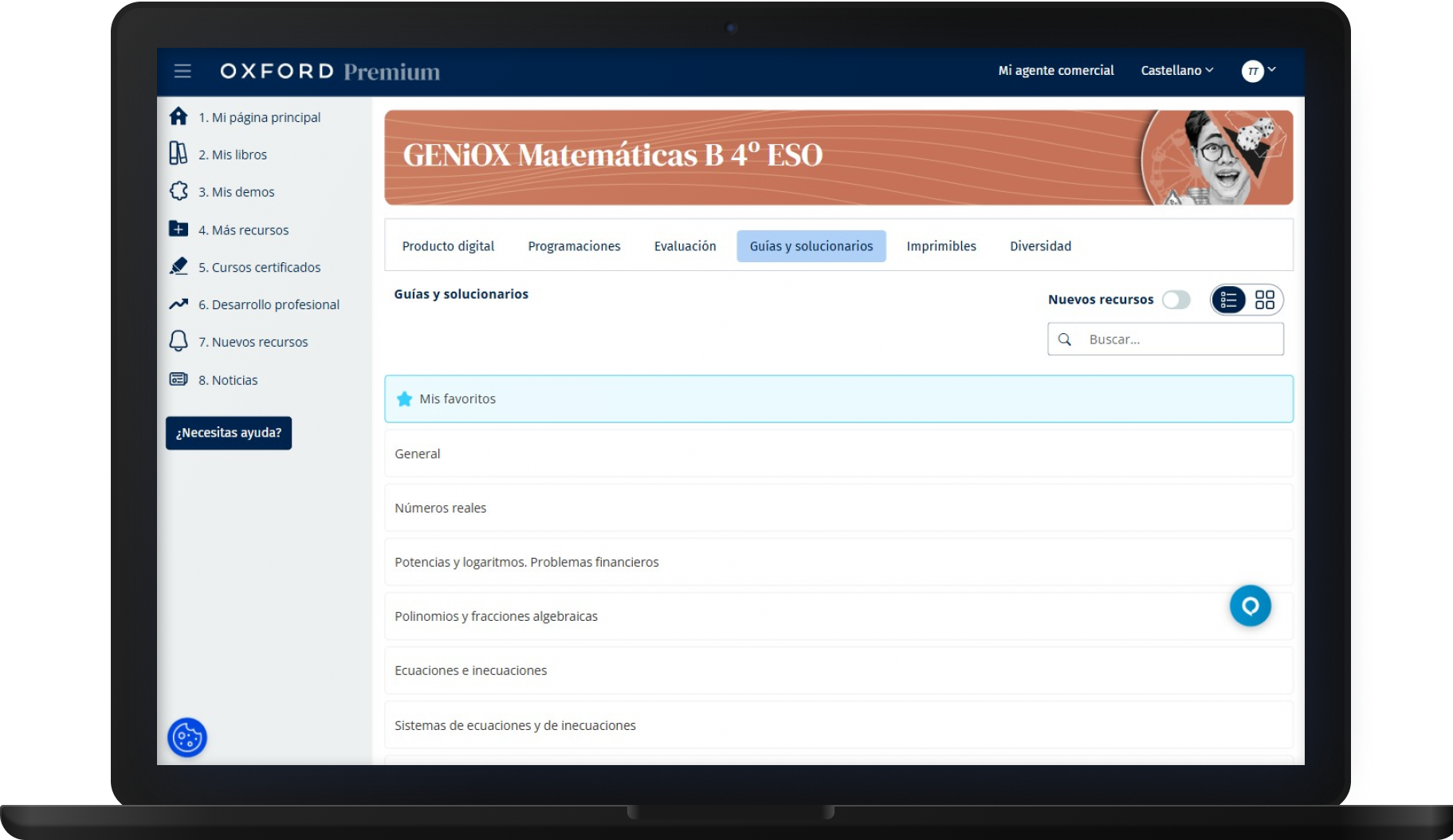 Oxford Premium interface in a laptop mock-up, with left navigation, title tabs, search and a resource list.