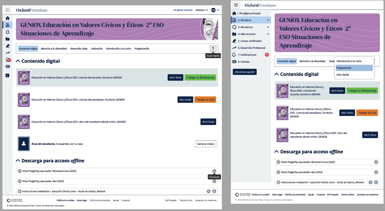 Two Oxford Premium resource views using the same navigation, content structure and component styling.
