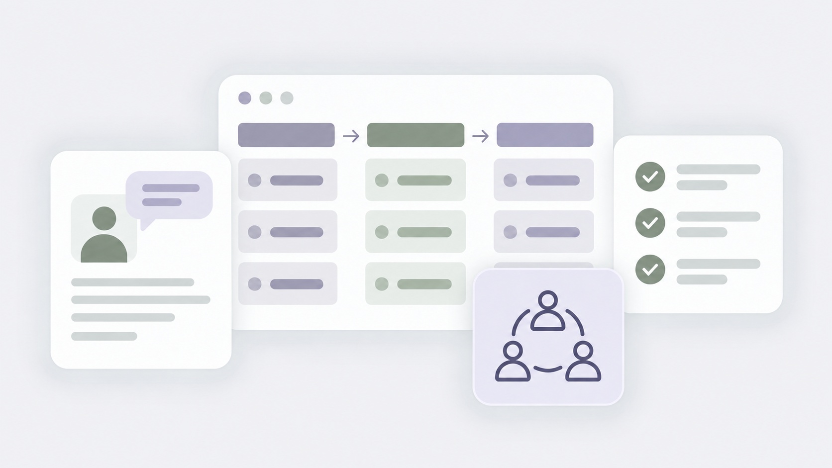 Illustration of a UX workflow connecting research inputs, process steps and review checkpoints.